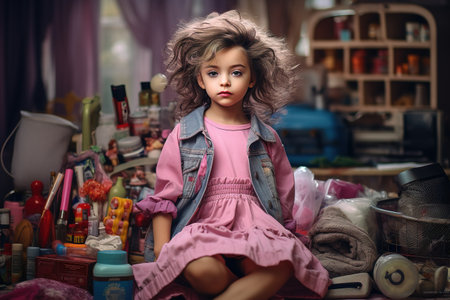 A young girl is sitting on a table with a messy room behind her. She is wearing a pink dress and has her hair in a ponytail. The room is cluttered with various items, including a bottle, a bowlの素材