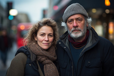 A man and a woman are standing together on a street. The man is wearing a gray hat and the woman is wearing a brown scarf. Scene is warm and friendlyの素材