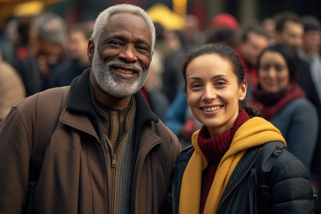 A man and a woman are smiling for the camera. The man is wearing a brown jacket and the woman is wearing a yellow scarf. They are surrounded by a crowd of peopleの素材