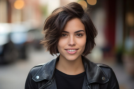 A woman with a short haircut and a black leather jacket is smilingの素材