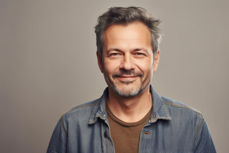 A man with a beard and gray hair is smiling for the camera. He is wearing a blue shirt and a brown shirtの素材