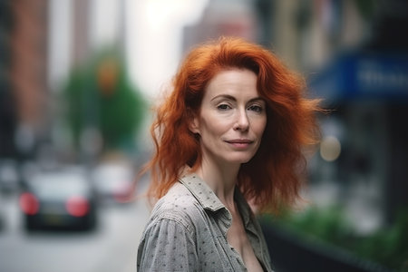 A woman with red hair stands on a city street. She is smiling and looking at the camera. The street is busy with cars and a truckの素材