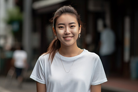 A woman with a white shirt and a necklace is smiling. She is standing on a sidewalk. The scene is casual and relaxedの素材