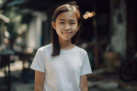 A young girl is smiling and wearing a white shirt. She is standing in front of a building with a bicycle parked nearbyの素材