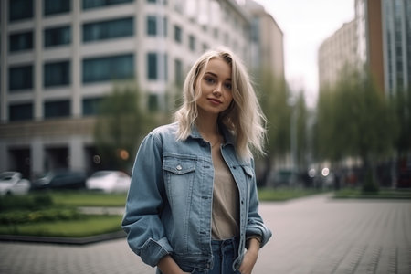A blonde woman wearing a denim jacket and jeans is standing on a sidewalk in front of a buildingの素材