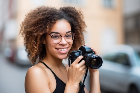 A woman with curly hair is holding a camera and smiling. She is wearing glasses and a black tank topの素材
