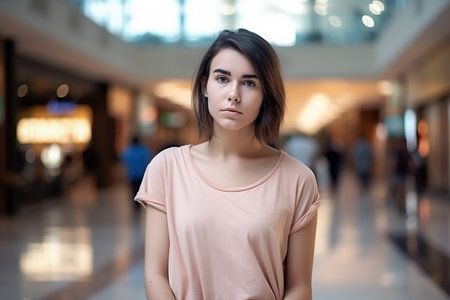 A woman in a pink shirt stands in a mall. She is looking at the camera. The mall is brightly lit and has a modern designの素材