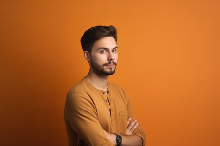 A man in a yellow shirt is standing in front of an orange wall. He is wearing a watch and has a beardの素材