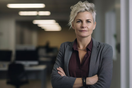 A woman in a gray jacket and red shirt stands in front of a wall with a computer monitorの素材