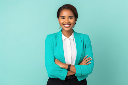A woman in a green jacket and white shirt is smiling and posing for a picture. She is wearing a black belt and black pantsの素材