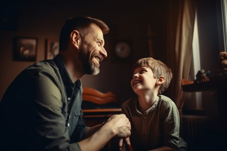 A man and a boy are sitting on the floor, smiling at each other. The boy is wearing a green shirtの素材