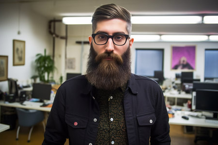 A man with a beard and glasses stands in front of a desk with a computer monitor. Concept of professionalism and focus, as the man is working in an office environmentの素材