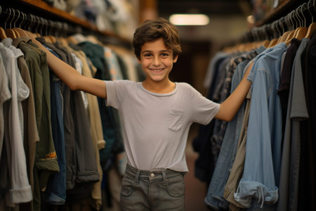 A young boy stands in a clothing store, smiling and holding up a shirt. The store is filled with various types of clothing, including jeans and shirtsの素材