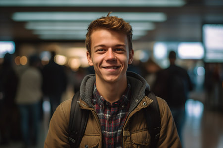 A young man with a backpack and a plaid shirt is smiling for the camera. He is surrounded by other people, some of whom are carrying backpacks as well. The scene appears to be a busy public areaの素材
