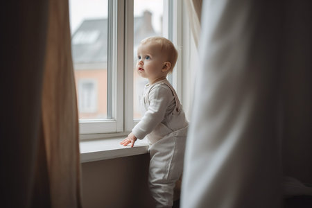 A baby is looking out the window. The baby is wearing a white outfitの素材