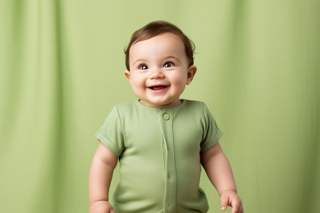 A baby is smiling and wearing a green shirt. The baby is standing in front of a green wallの素材