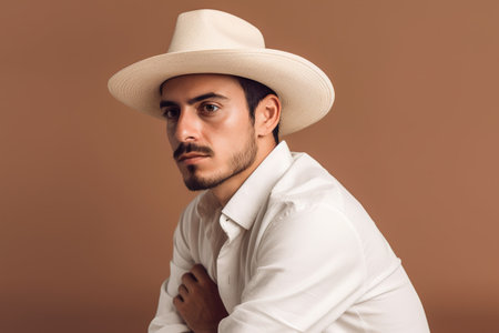 A man wearing a white hat and a white shirt is sitting on a brown background. The man has a beard and a mustacheの素材