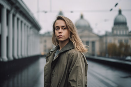 A woman in a green coat stands in front of a building. She is looking straight ahead and she is in a serious moodの素材