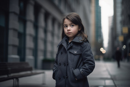 A young girl wearing a black coat stands on a sidewalk in front of a building. The image has a moody and somewhat melancholic feel, as the girl appears to be alone and looking off into the distanceの素材
