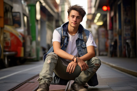 A young man is sitting on the sidewalk with his hands on his knees. He is wearing a white shirt and blue jeansの素材