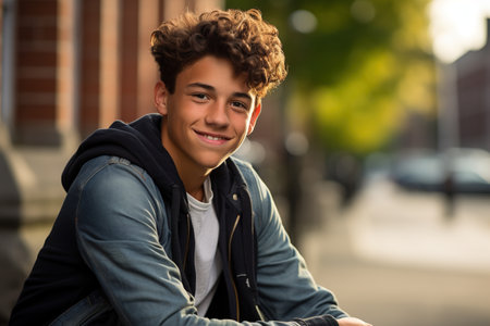 A young man with curly hair is smiling and wearing a blue jacket. He is sitting on the sidewalk and looking at the cameraの素材