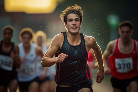 A man in a black tank top runs in a race with other runners. The man is the only one with a number on his shirtの素材