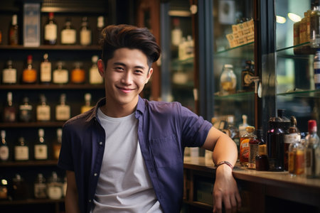 A man is smiling in front of a liquor store. He is wearing a blue shirt and white shirtの素材