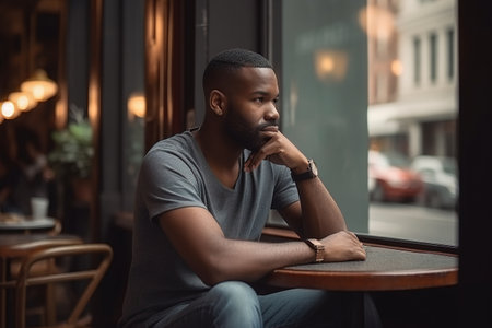 A man sits at a table in a cafe, looking out the window. He is deep in thoughtの素材