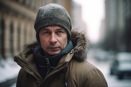 A man wearing a brown coat and a hat is standing on a snowy street. He looks tired and is staring at the cameraの素材