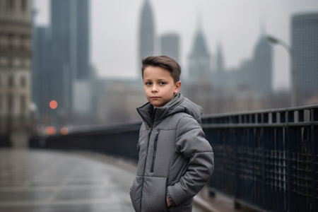 A young boy stands on a bridge in a city, wearing a gray jacket and looking down. Concept of loneliness and isolation, as the boy appears to be alone in the urban environmentの素材