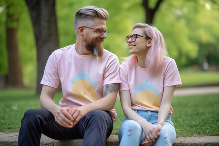 A man and woman are sitting on a stone ledge in a park. They are both wearing pink shirts and smiling at each otherの素材