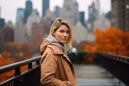 A woman in a brown coat stands on a bridge in front of a city skyline. She is smiling and looking at the cameraの素材