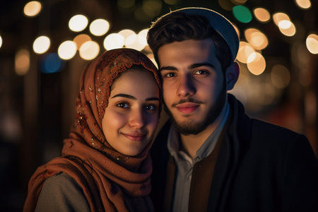 A man and woman are standing close to each other, smiling. The man is wearing a brown jacket and the woman is wearing an orange scarf. Scene is happy and romanticの素材