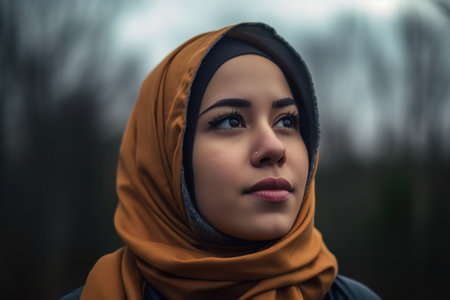 A woman wearing a scarf and looking at the camera. The scarf is orange and the woman has a nose piercingの素材