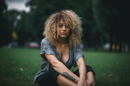 A woman with curly hair is sitting on the grass. She is wearing a shirt with a logo on itの素材
