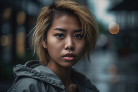 A woman with short brown hair and brown eyes is standing in front of a building. She is wearing a green jacket and she is looking at the cameraの素材