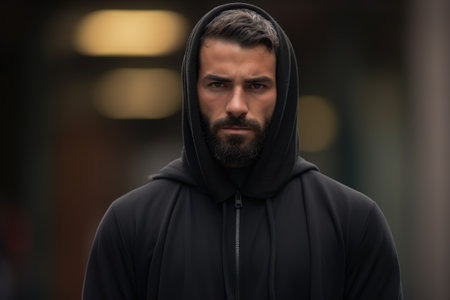 A man wearing a black hoodie and beard. He is looking at the camera. The image has a moody and mysterious feel to itの素材