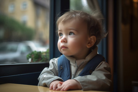 A baby is sitting at a table looking out the window. The baby is wearing a blue vest and a gray shirtの素材