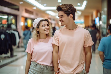 A man and a woman are walking together in a mall. The man is wearing a pink shirt and the woman is wearing a pink shirt. They are smiling and seem to be enjoying their time togetherの素材