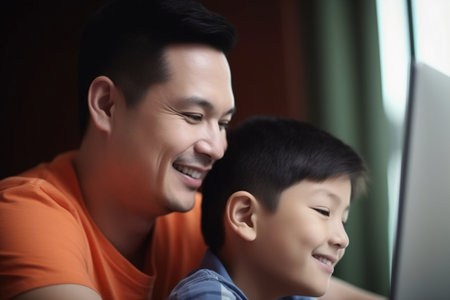 A man and a boy are looking at a computer screen. The man is smiling and the boy is smiling as well. Scene is happy and friendlyの素材