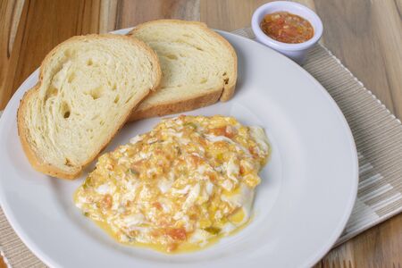 healthy breakfast egg and breadの写真素材