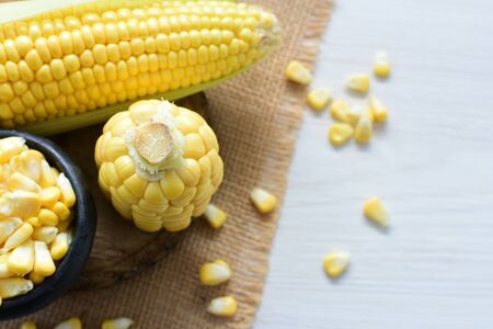 yellow sweet corn (cob) and green husk, chopped and shelled cornの写真素材