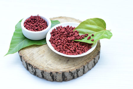 Achiote, annatto, bixin, urucÃº or onoto is a natural red pigment for colorants and cooking displayed in seed containersの写真素材