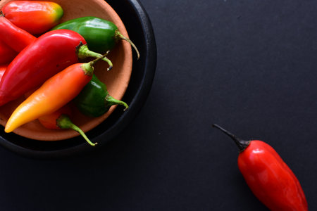 Capsicum Red and green and yellow bell peppers and chili peppers, displayed watered on a wooden...