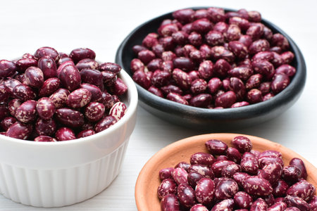 (Phaseolus vulgaris) Red beans displayed in different containers on flat bottoms