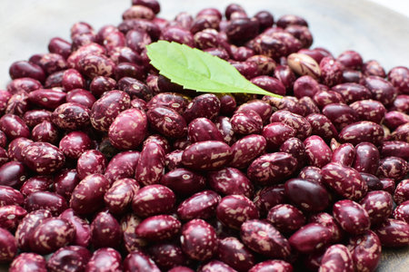 (Phaseolus vulgaris) Red beans displayed in different containers on flat bottoms