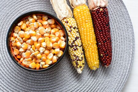 Corn - corn - Zea mays whole and shelled cob of white and yellow corn displayed in containersの写真素材