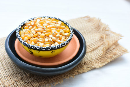 Corn - corn - Zea mays whole and shelled cob of white and yellow corn displayed in containers