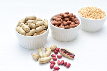 Arachis hypogaea - Peanut variety in seed, whole and crushed peanuts displayed in containers on...