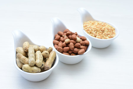 Arachis hypogaea - Peanut variety in seed, whole and crushed peanuts displayed in containers on...